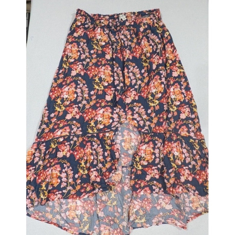 Wonderly High Low Skirt Womens XL Navy Floral Excellent Smocked Ruffle Boho